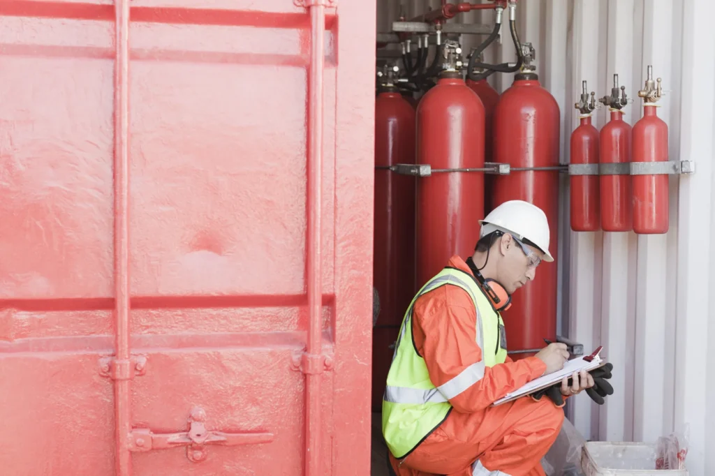 person near fire pump